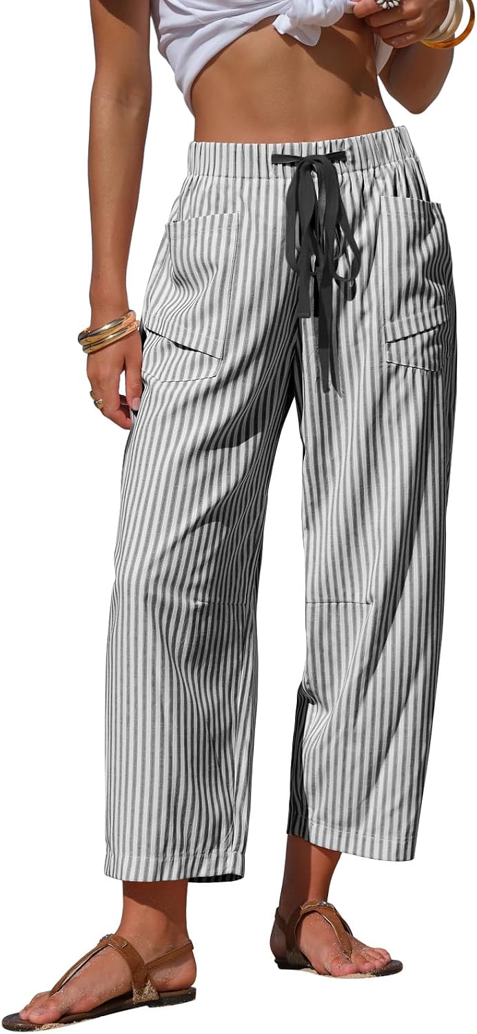 Striped Linen-Look Barrel Pants